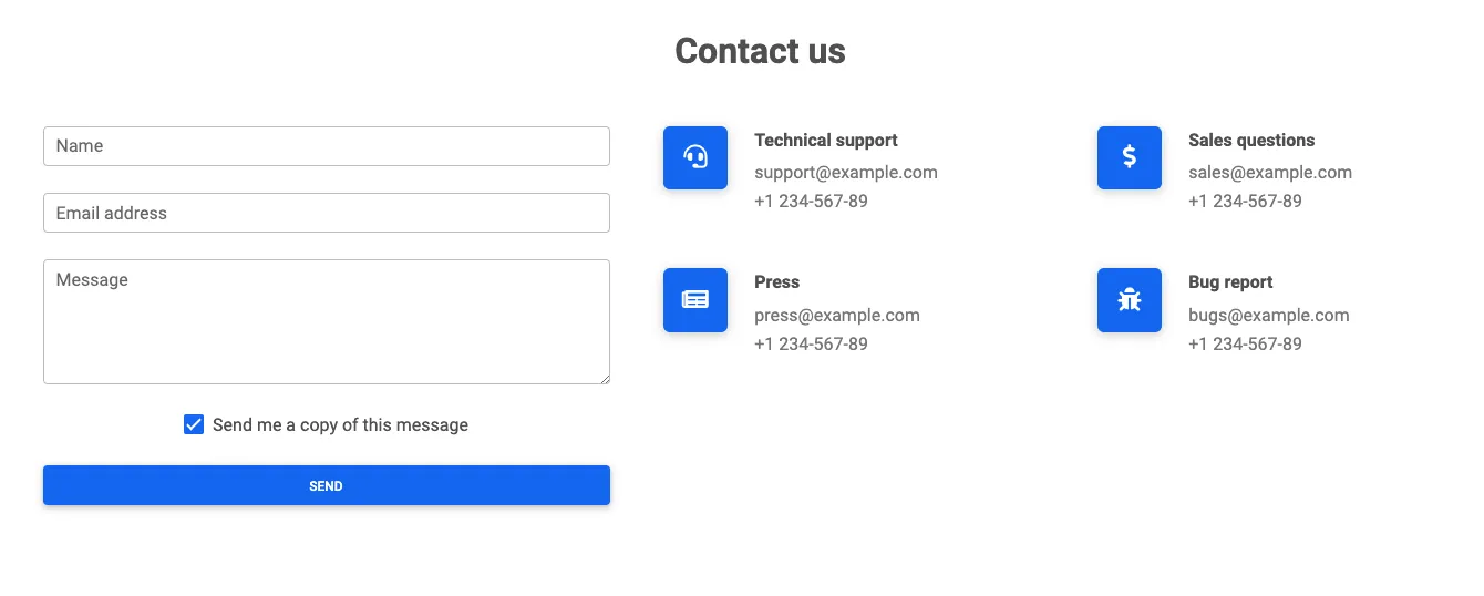 Tailwind eCommerce Forms Template - Contact Section with contact info
