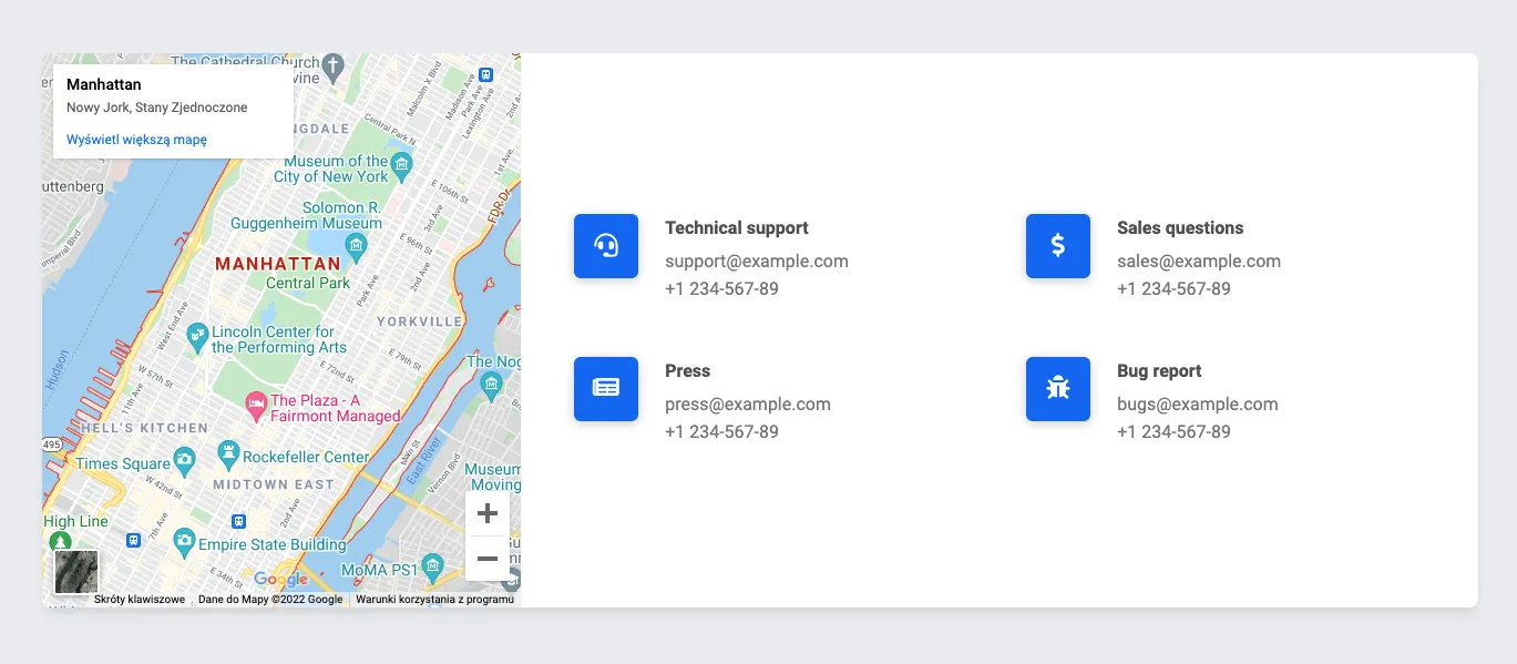 Tailwind eCommerce Forms Template - Contact Card with Google Map